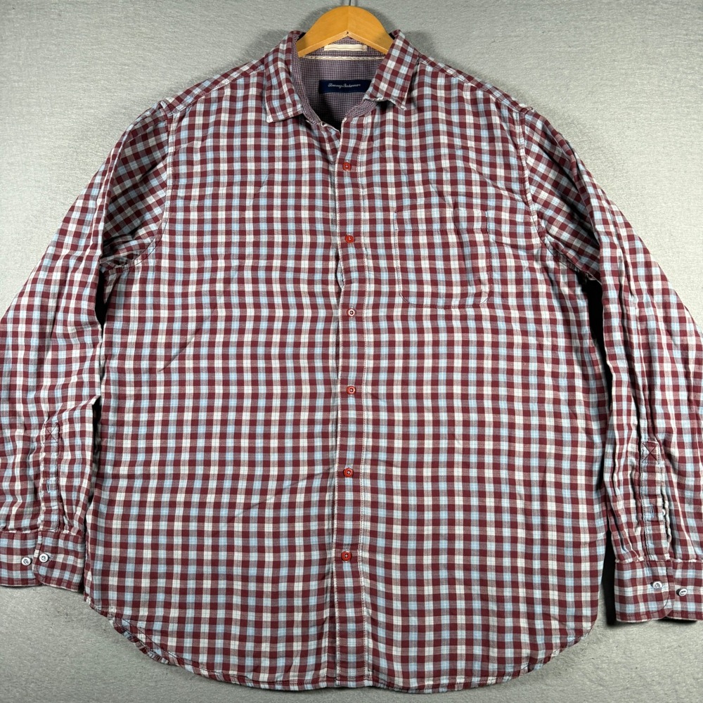 Tommy‎ Bahama Mens XLT Gingham Plaid Button Down Shirt Burgundy Blue Long Sleeve